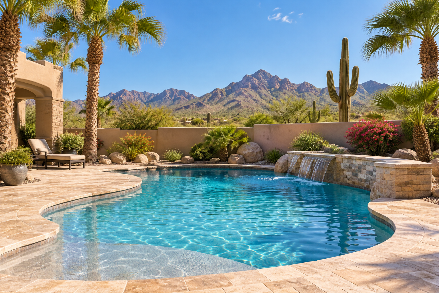 Clear residential swimming pool in an Arizona desert backyard