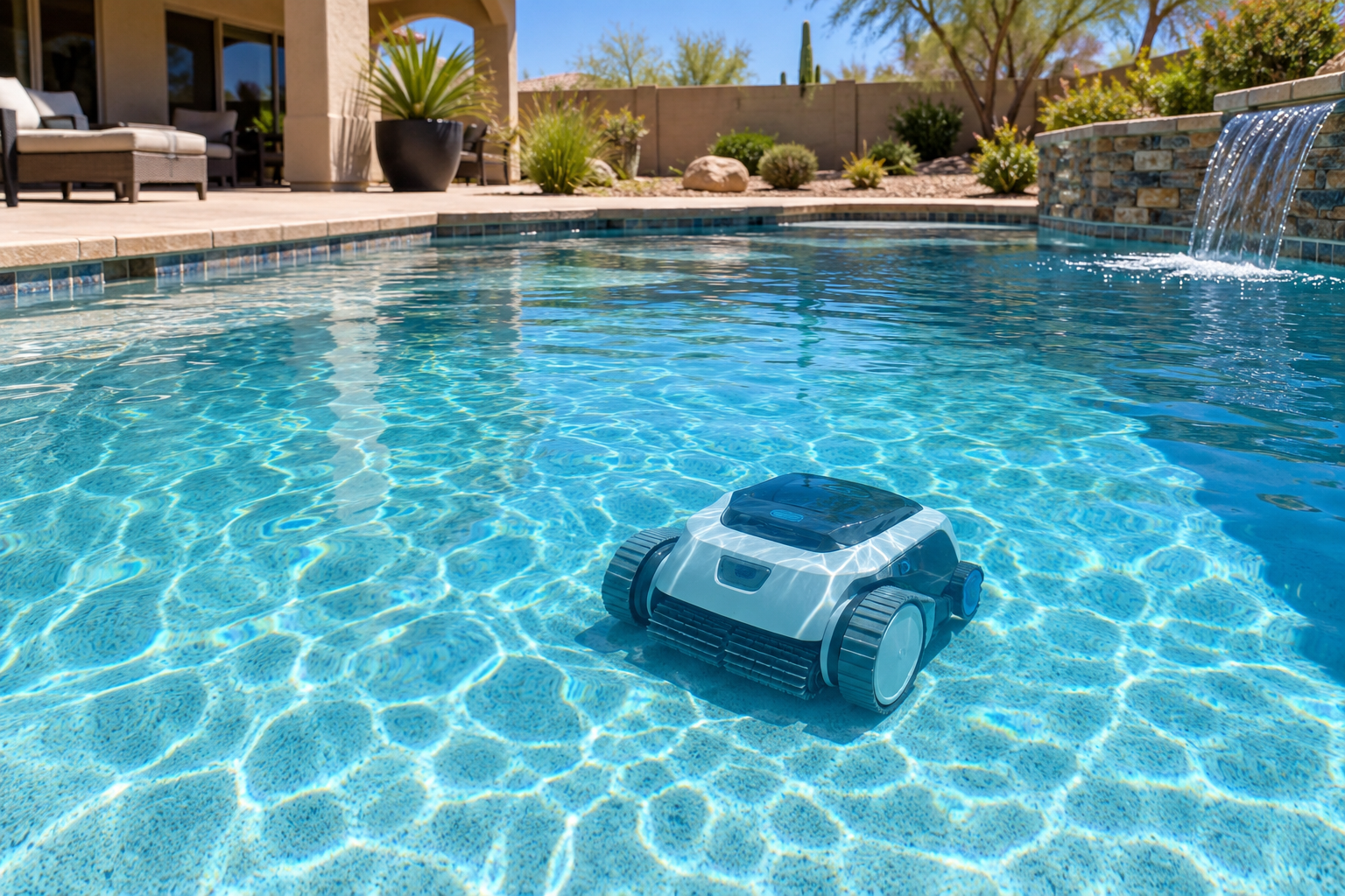 Robotic cleaner in a clear swimming pool