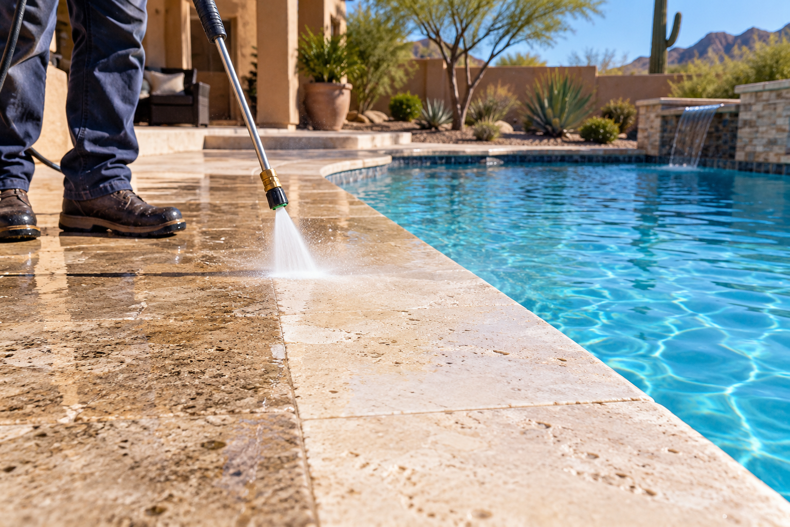 Cleaning a travertine pool deck