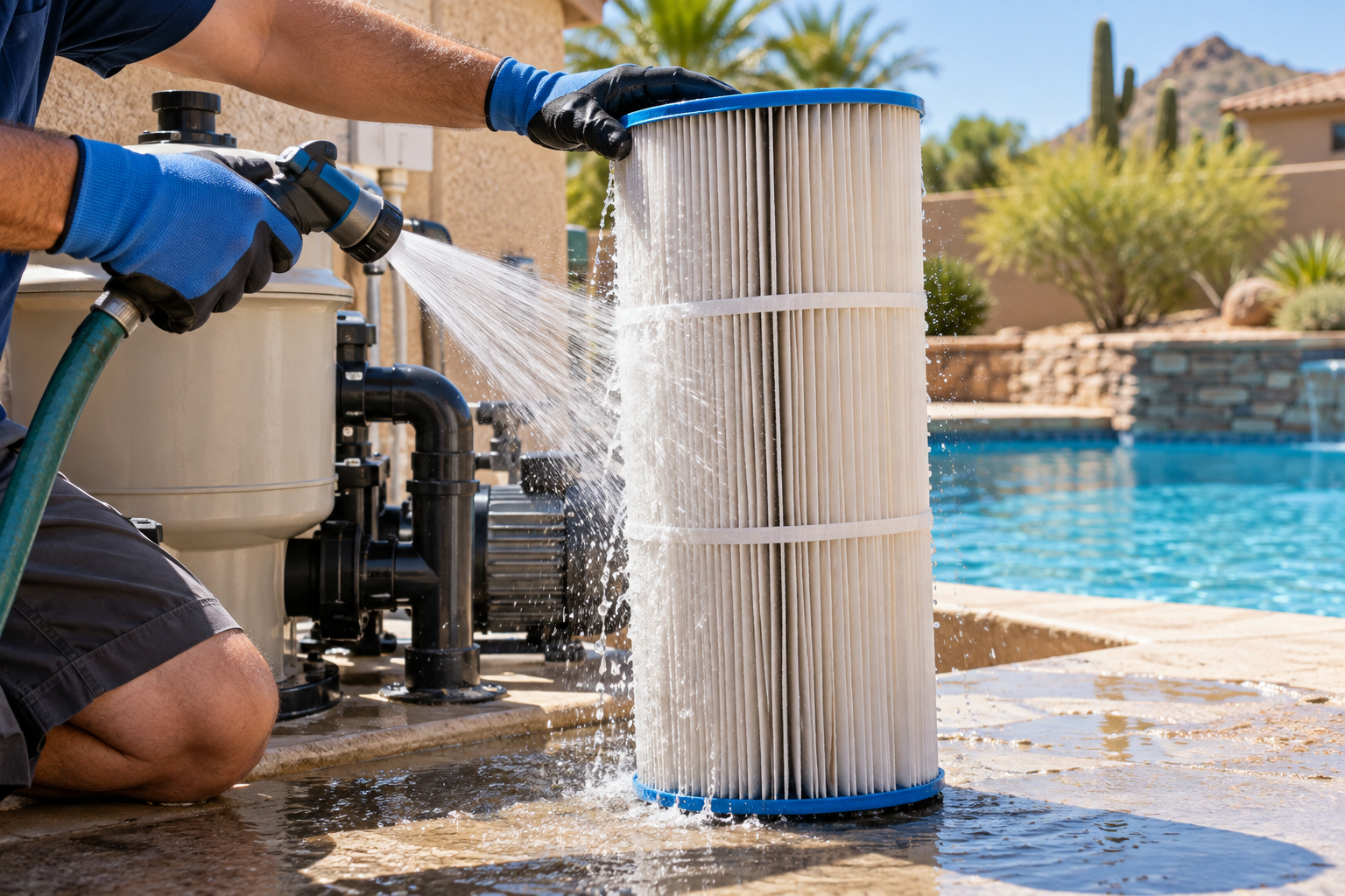 Rinsing a pleated pool filter cartridge