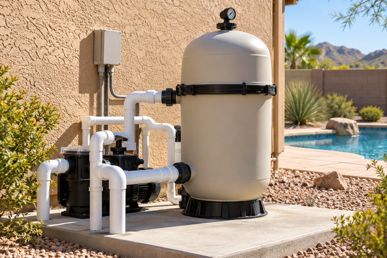 Pool filter tank on an Arizona equipment pad