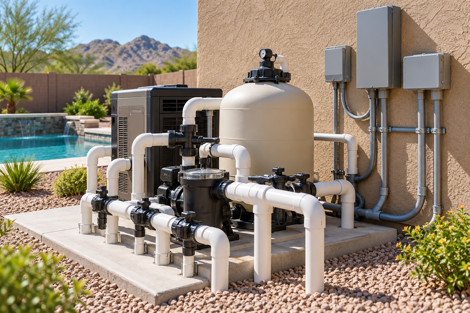 Pool equipment piping and enclosed electrical conduit