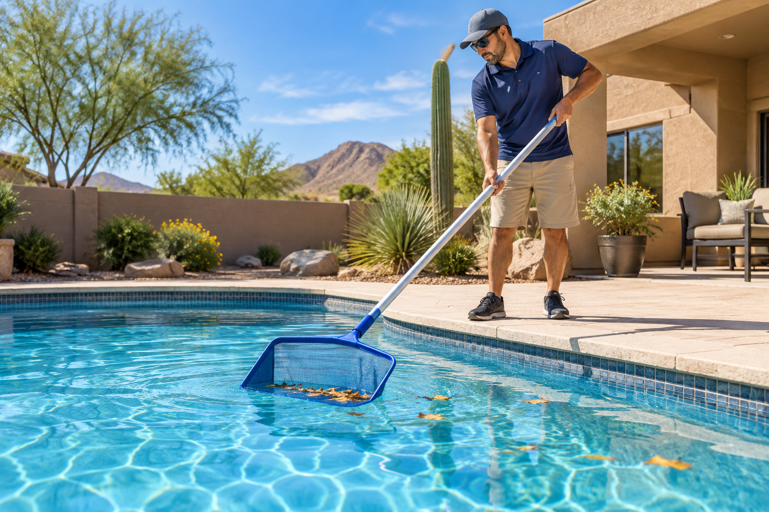 Skimming a clear Arizona backyard pool