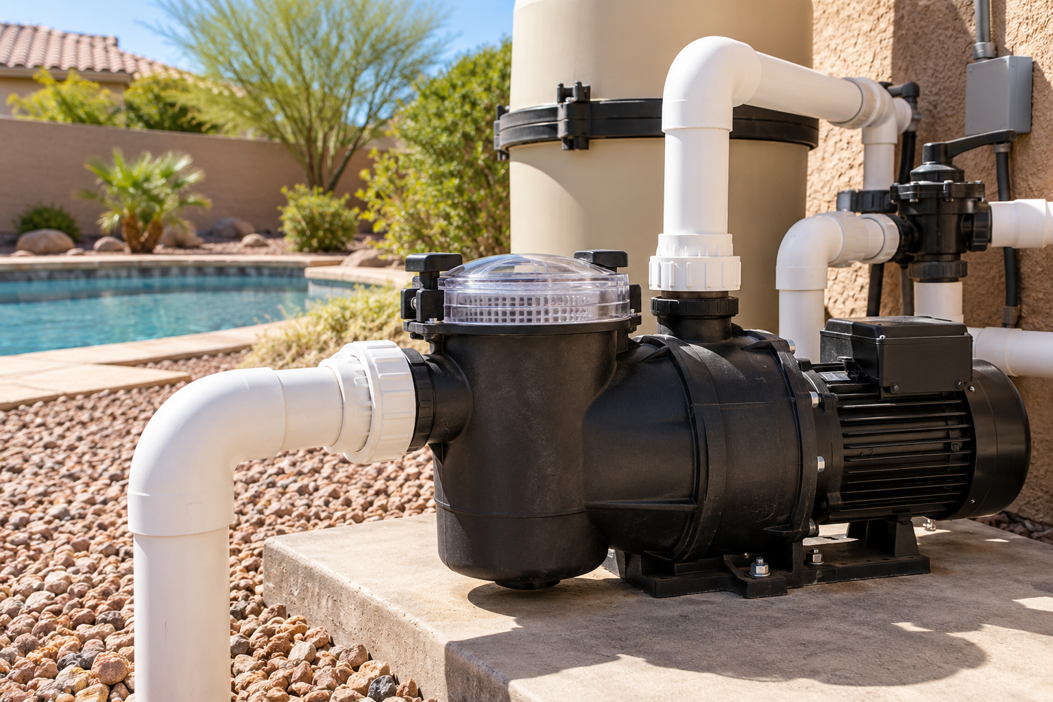 Pool pump and piping on a residential equipment pad