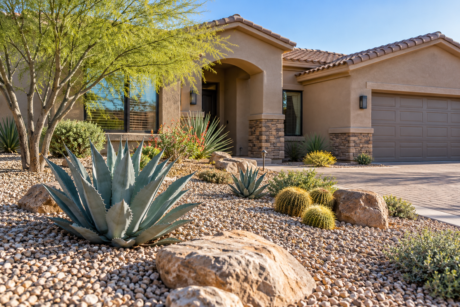 Decorative gravel and desert plants at an Arizona home