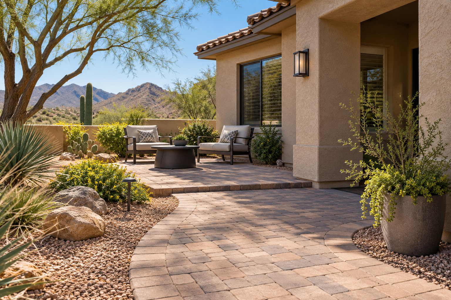 Paver walkway beside an Arizona stucco home