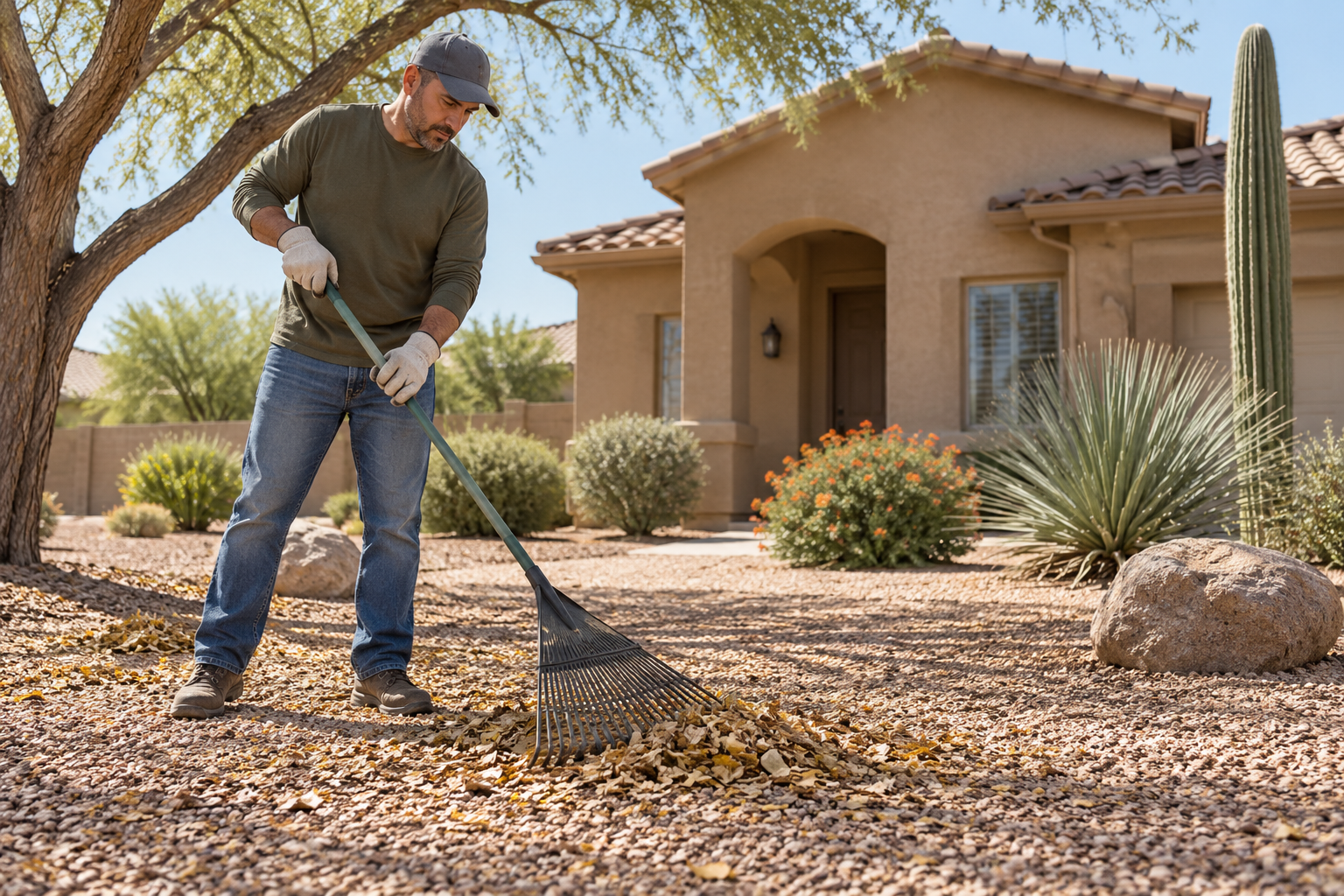 Yard cleanup in an Arizona desert landscape